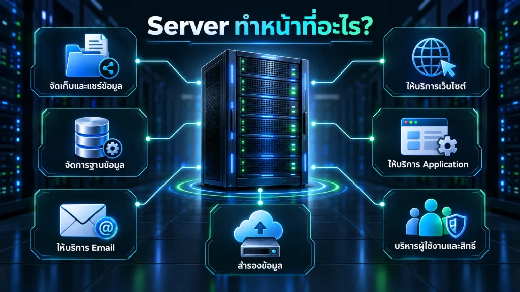 Server คืออะไร หน้าที่ของ Server สำหรับจัดเก็บข้อมูล เว็บไซต์ ฐานข้อมูล Email และสำรองข้อมูล